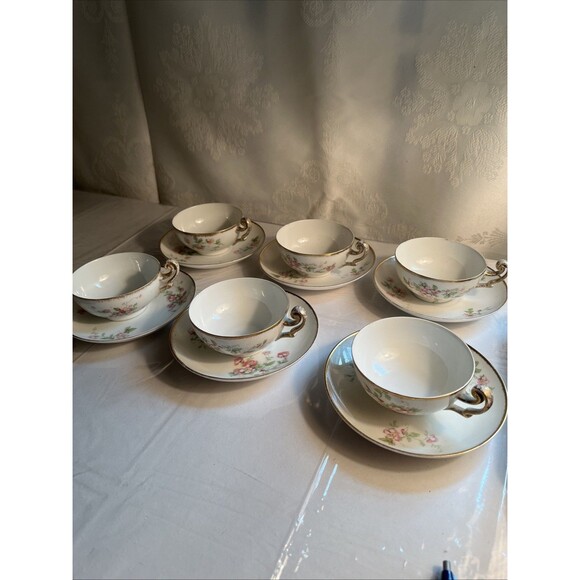 B & CO France 6 Vintage Hand Painted Cup And Saucer Set Floral Pattern - Picture 1 of 8